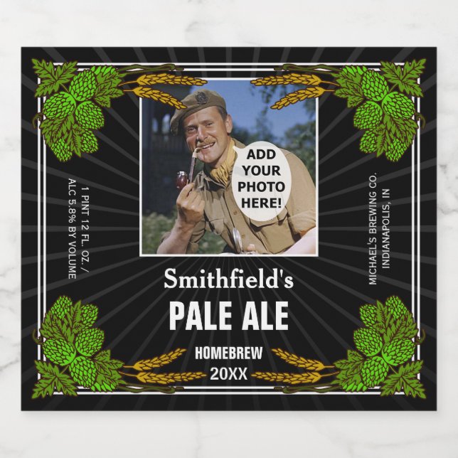 Hausgemachtes Bier Brauereihops Custom Foto Black Bierflaschenetikett (Einzelnes Label)