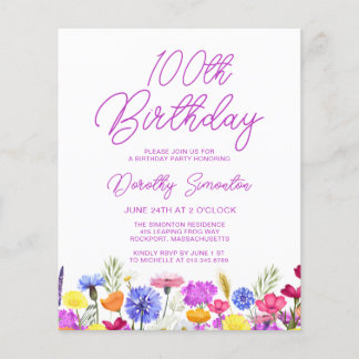 HAUSHALT 100. Geburtstag Lila Wildblume Einladung