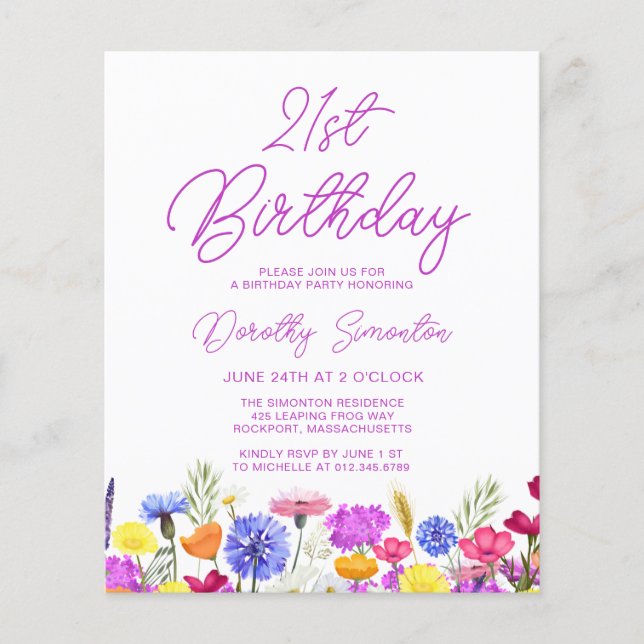 HAUSHALT 21. Geburtstag Lila Wildblume Einladung (Vorderseite)