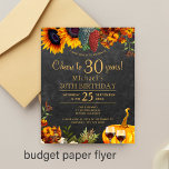 Haushalt 30 Jahre rustikale Herbst 30. Geburtstag  Flyer<br><div class="desc">Gelbgold und rostig orangefarbene Herbstsonnenblumen, Trauben, zwei Rotwein-Gläser und ein Aquarellkürbis über einem dunkelbraunen Hausschuhen-Hintergrund machen einen eleganten Beifall zu 30 Jahren BUDGET erschwinglichen Geburtstagsparty PAPER Einladung FLYER mit einer trendigen Handschrift Gold Typografie Drehbuch. Geeignet für traditionelle rustikale Küche | Land | Bauernhof | Weinberge im Freien Garten Männer oder...</div>