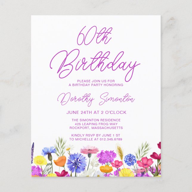 HAUSHALT 60. Geburtstag Lila Wildblume Einladung (Vorderseite)