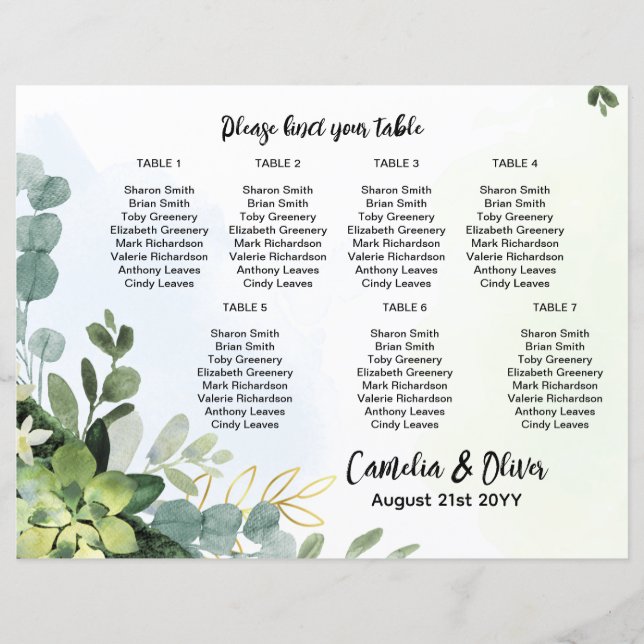 HAUSHALT 7 Tabelle Hochzeitssitze Diagramm Grünflä (Vorderseite)