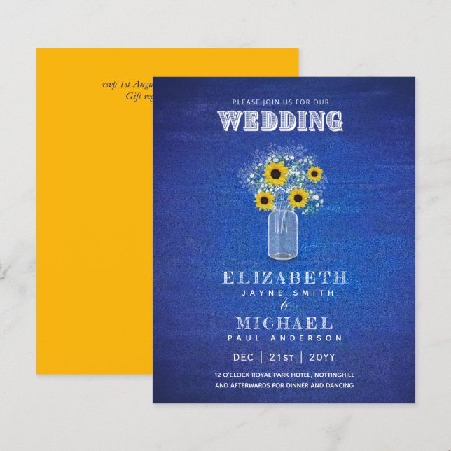 HAUSHALT Blau Gelbe Sonnenblumen Hochzeit einladen (Vorne/Hinten)