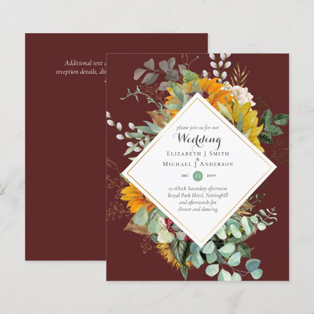 HAUSHALT Burgund Blue FLORAL Hochzeitseinladungen (Vorne/Hinten)