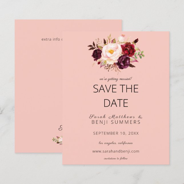 Haushalt Burgund Marsa Floral Save the Date rosa 2 (Vorne/Hinten)