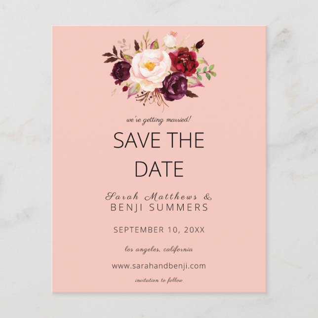Haushalt Burgund Marsa Floral Save the Date rosa 2 Flyer (Vorne)