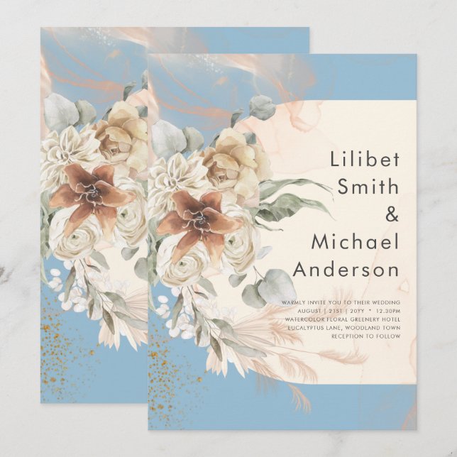 HAUSHALT Dusty Blue Pampas Grass Wedding Einladung (Vorne/Hinten)