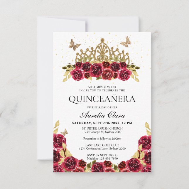 HAUSHALT Elegante Rote Flora Gold Tiara Quinceaner Mitteilungskarte (Vorderseite)