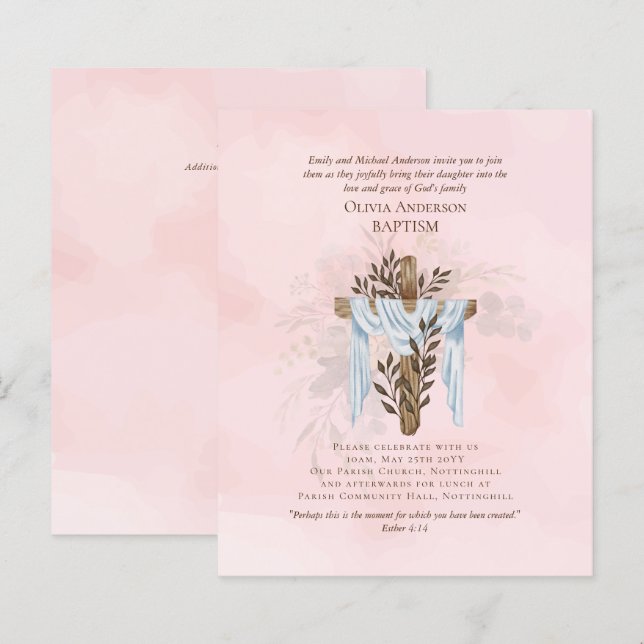 HAUSHALT Eleganter BAPTISM Einladung Blush Pink (Vorne/Hinten)
