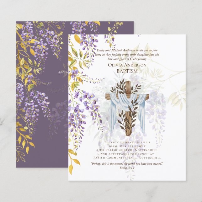 HAUSHALT Eleganter BAPTISM Einladung Wisteria Lila (Vorne/Hinten)