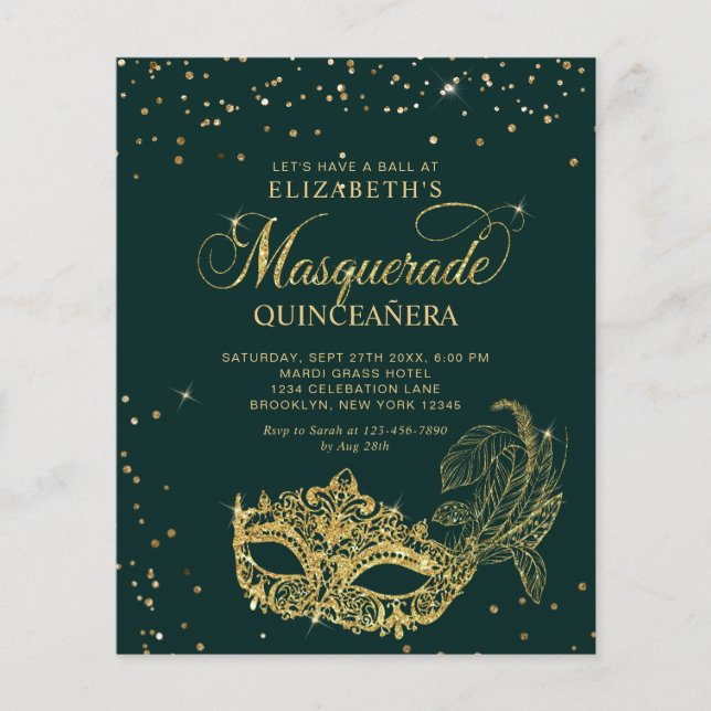 HAUSHALT Elegantes grünes Gold Maskenade Quinceañe (Vorderseite)