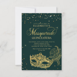 HAUSHALT Elegantes grünes Gold Maskenade Quinceañe Mitteilungskarte