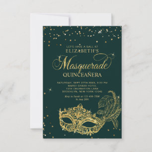 HAUSHALT Elegantes grünes Gold Maskenade Quinceañe Mitteilungskarte