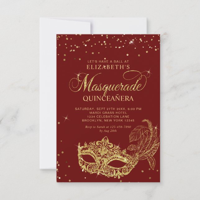 HAUSHALT Elegantes Rotes Gold Masquerade Quinceañe Mitteilungskarte (Vorderseite)