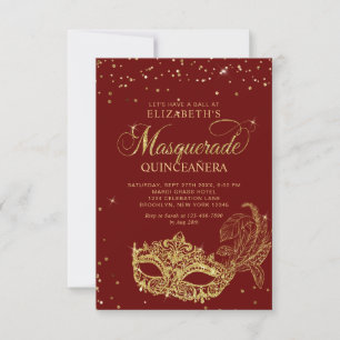 HAUSHALT Elegantes Rotes Gold Masquerade Quinceañe Mitteilungskarte
