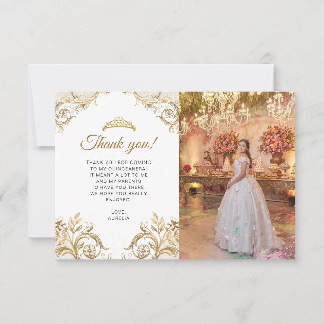 HAUSHALT Elegantes White Gold Foto Quinceañera Mitteilungskarte (Vorderseite)