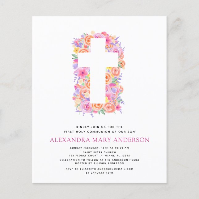 Haushalt Erste Heilige Kommunion Pastel Floral Pin Flyer (Vorne)