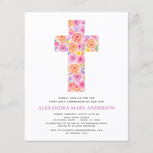 Haushalt Erste Heilige Kommunion Pastel Floral Pin Flyer (Vorne)