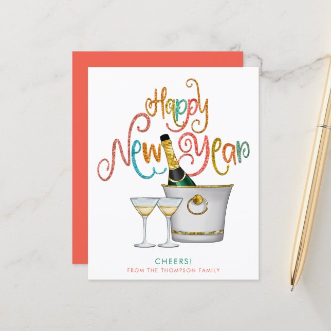 HAUSHALT Gold Glitzer Champagne Frohes Neues Jahr (Vorderseite/Rückseite Beispiel)