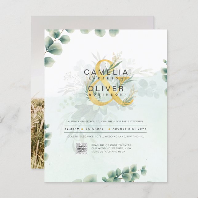 HAUSHALT Grüne FOTO Hochzeit Einladung QR CODE (Vorne/Hinten)