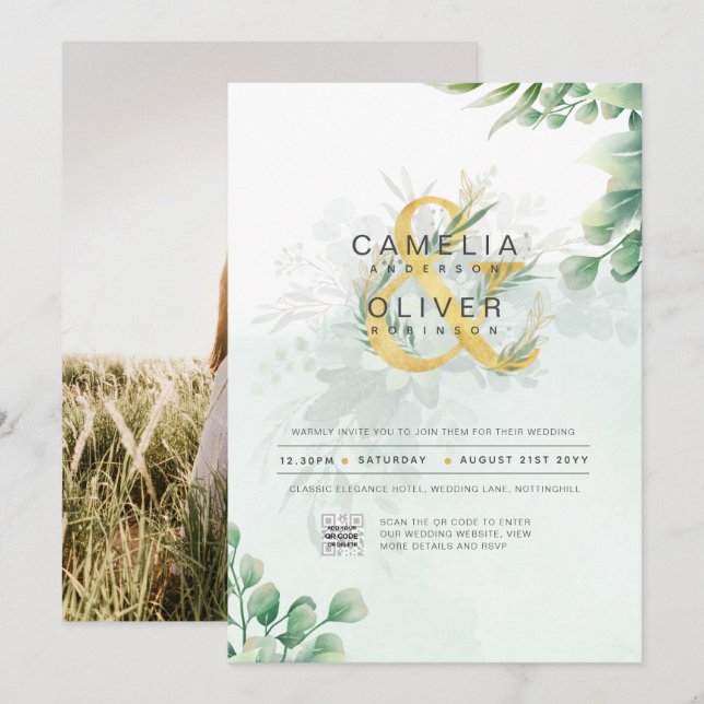 HAUSHALT Grüne FOTO Hochzeit Einladung QR CODE (Vorne/Hinten)