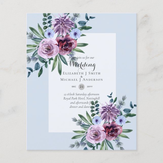HAUSHALT Lila Burgund Blue Floral Wedites Einladun Flyer (Vorne)