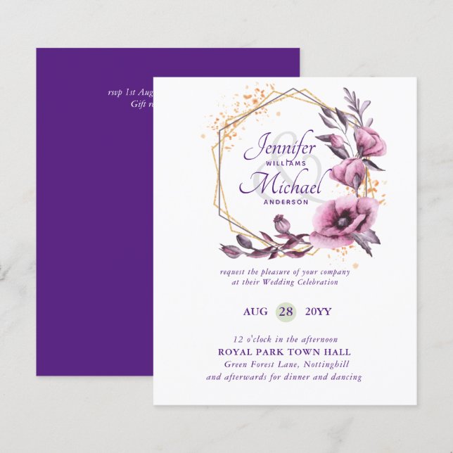 HAUSHALT Lila Goldflorale Hochzeitseinladungen (Vorne/Hinten)