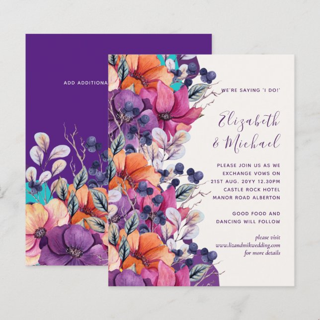 HAUSHALT Lila Orange Floral Wedite Einladung (Vorne/Hinten)