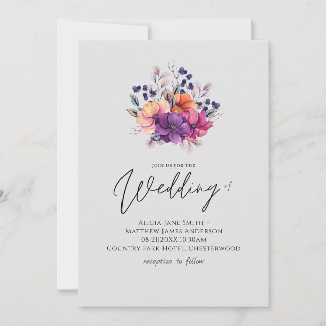 HAUSHALT Lila Orange Floral Wedite Einladung (Vorderseite)