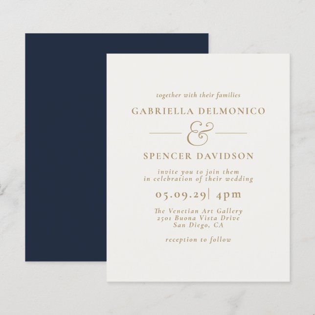 HAUSHALT Moderne Navy Blue Gold Hochzeit Einladung (Vorne/Hinten)