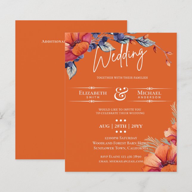 HAUSHALT Orange Lila Floral Wedite Einladung (Vorne/Hinten)