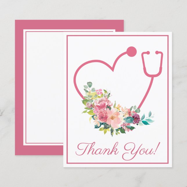 HAUSHALT Pink floral Stethoscope Herz Danke (Vorne/Hinten)