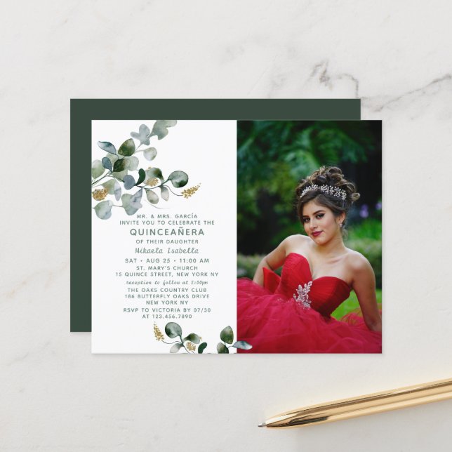 Haushalt Quinceañera Eukalyptus Floral Foto (Vorderseite/Rückseite Beispiel)