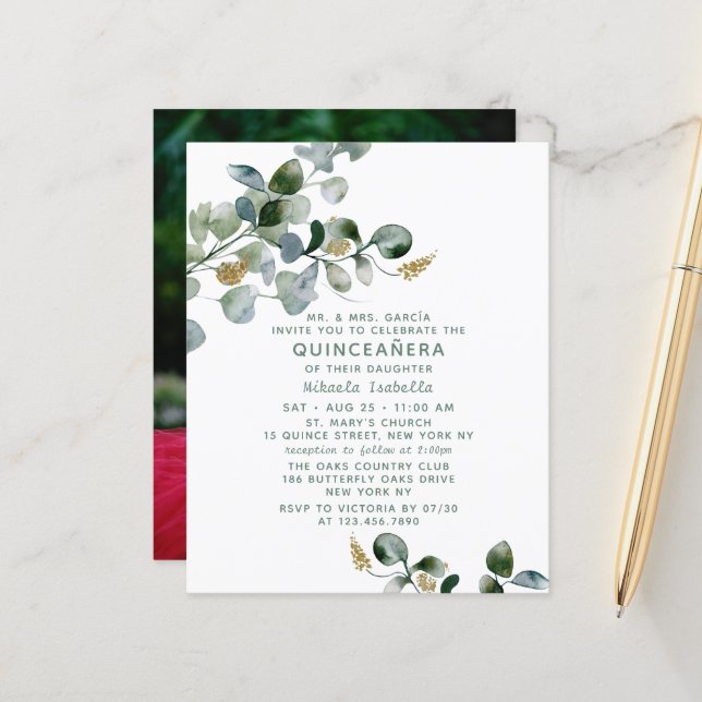 Haushalt Quinceañera Eukalyptus Floral Foto (Vorderseite/Rückseite Beispiel)