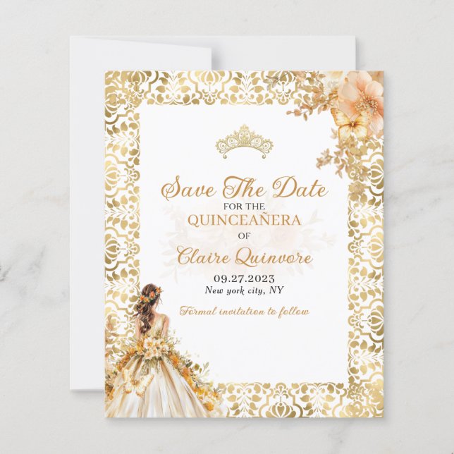 HAUSHALT Radiant Gold Quinceanera Save the Date (Vorderseite)