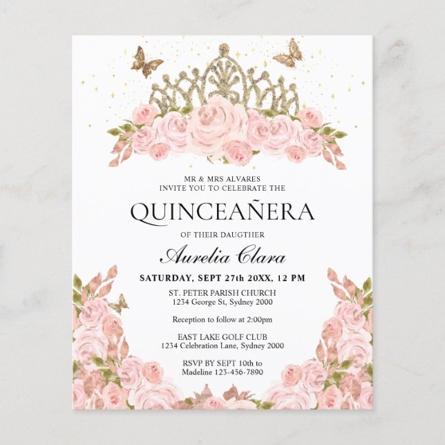 HAUSHALT Rosa Blütenrot Gold Tiara Quinceanera (Vorderseite)