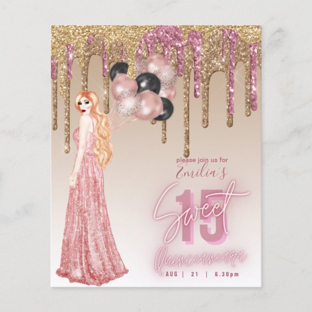 HAUSHALT Rosa Rose Gold Glitzer Quinceanera Rotes  Flyer (Vorne)