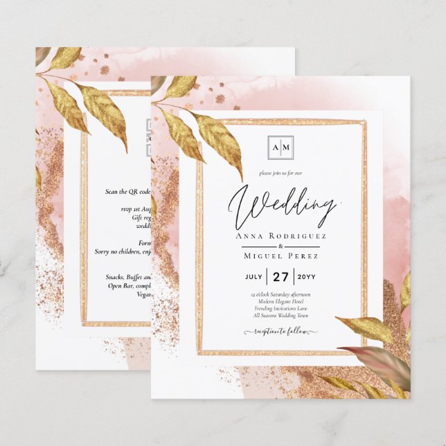 HAUSHALT Rose Gold Blätter Hochzeitsstipendium QR- (Vorne/Hinten)