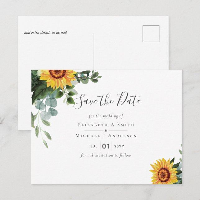 HAUSHALT Rustikale Sonnenblumen Eukalyptus-Blätter Postkarte (Vorne/Hinten)