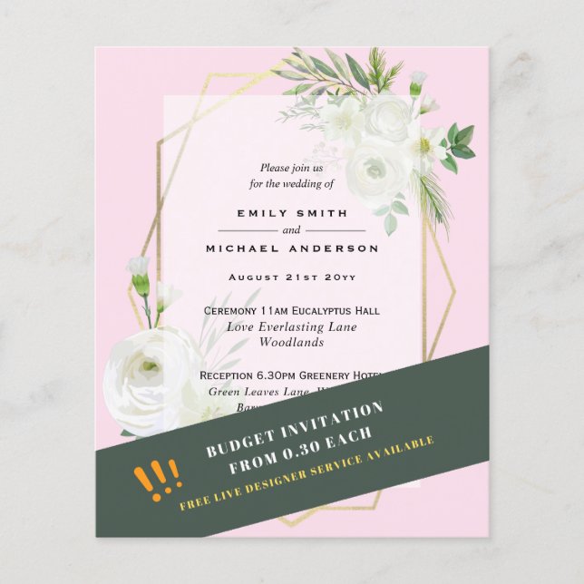 HAUSHALT Weiße Rosen Grüne Rosa Hochzeitseinladung Flyer (Vorne)