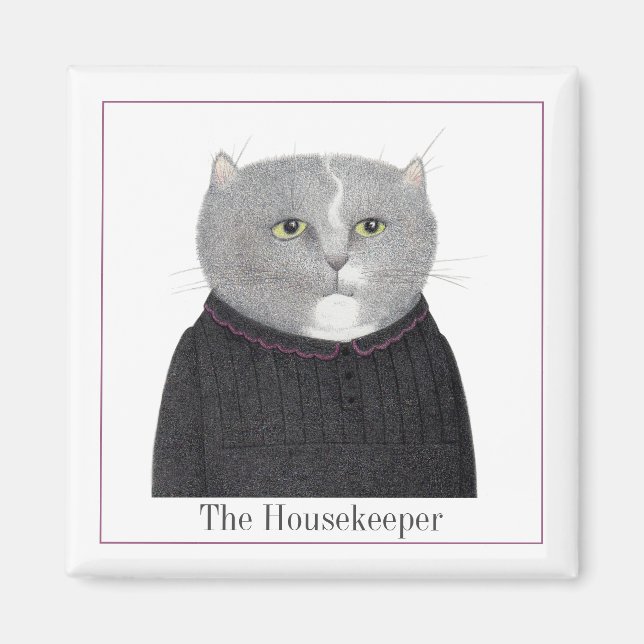 HAUSHÄLTERIN KATZE Quadratischer Magnet + Text II (Vorne)