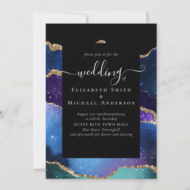 HAUSHALTSAGATE Blue Lila Gold Hochzeitbudget Einladung (Vorderseite)
