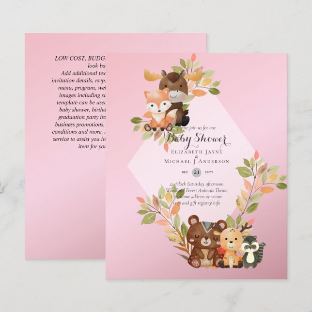 HAUSHALTSBABY-SHOWER-EINLADUNGEN - Waldtiere (Vorne/Hinten)