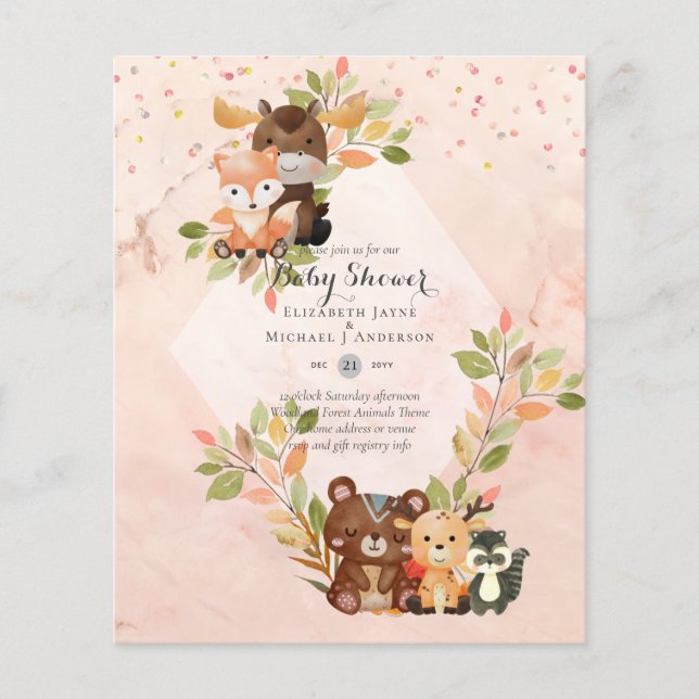 HAUSHALTSBABY-SHOWER-EINLADUNGEN - Waldtiere Flyer (Vorne)