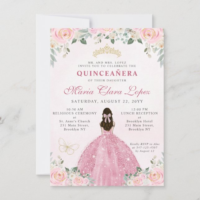 Haushaltsblass Rosa Gold BlumenPrinzessin Quinceañ Mitteilungskarte (Vorderseite)