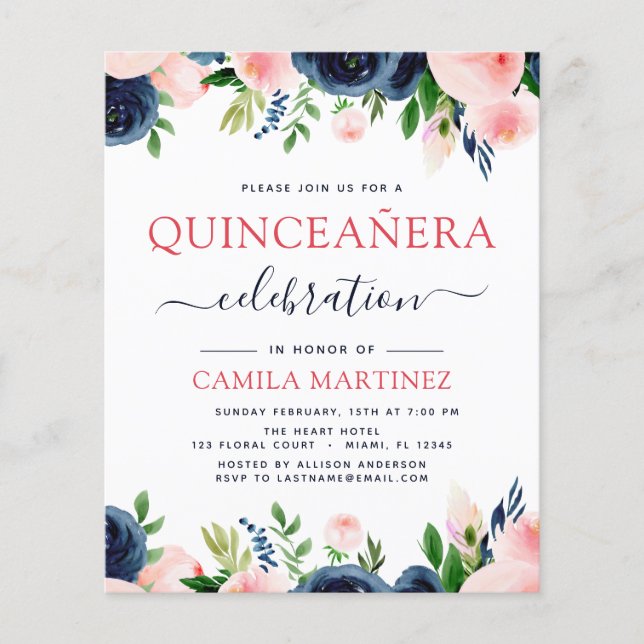 Haushaltsblass Rosa Navy Blütenblume Quinceanera Flyer (Vorne)