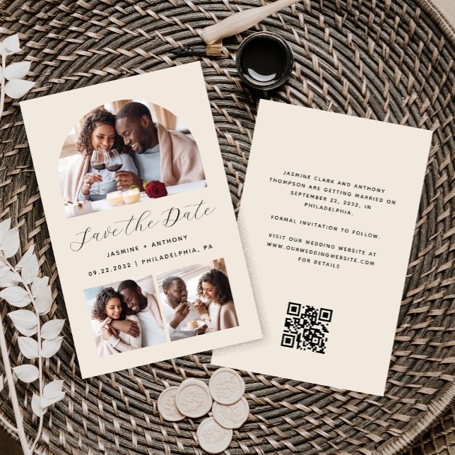 Haushaltsbogen 3-Foto-Beige QR-Kodex Save the Date (Von Creator hochgeladen)