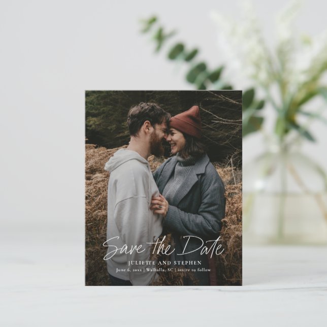 Haushaltseinfaches SkriptWedding-Foto Save the Dat (Stehend Vorderseite)