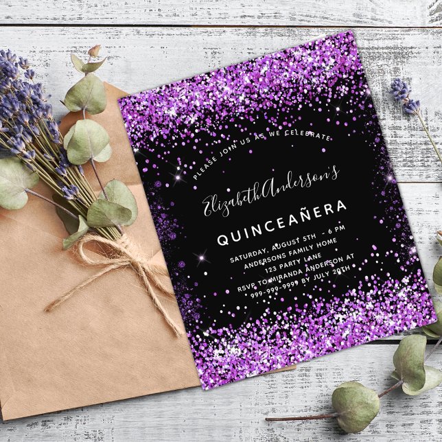 Haushaltseinladung für lila Glitzer in Quinceanera Flyer (Von Creator hochgeladen)