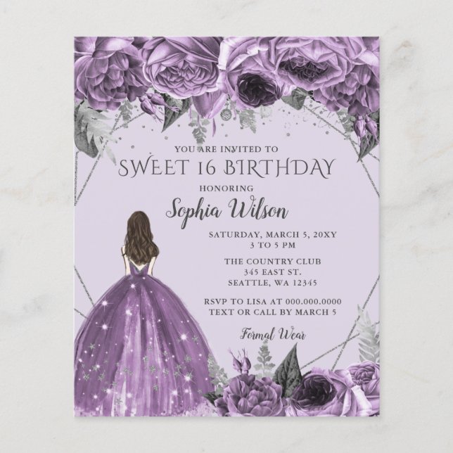 Haushaltsflorale Lila Prinzessin Sweet 16 Einladun (Vorderseite)